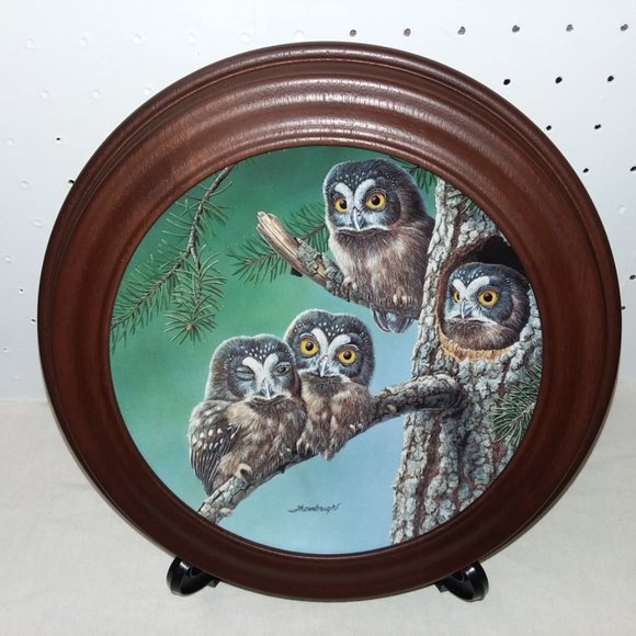3 Bradford Exchange Owl Plates with Wood Frames and Easels - Picture 2 of 12